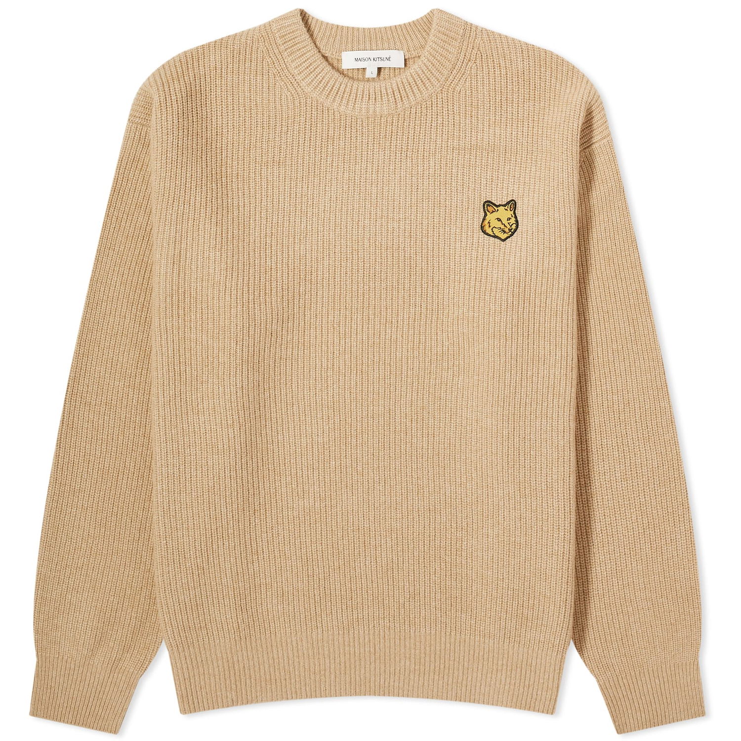 Sveter MAISON KITSUNÉ Tonal Fox Head Patch Ribbed Crewneck Béžová | LM00818KT1093-H251, 0
