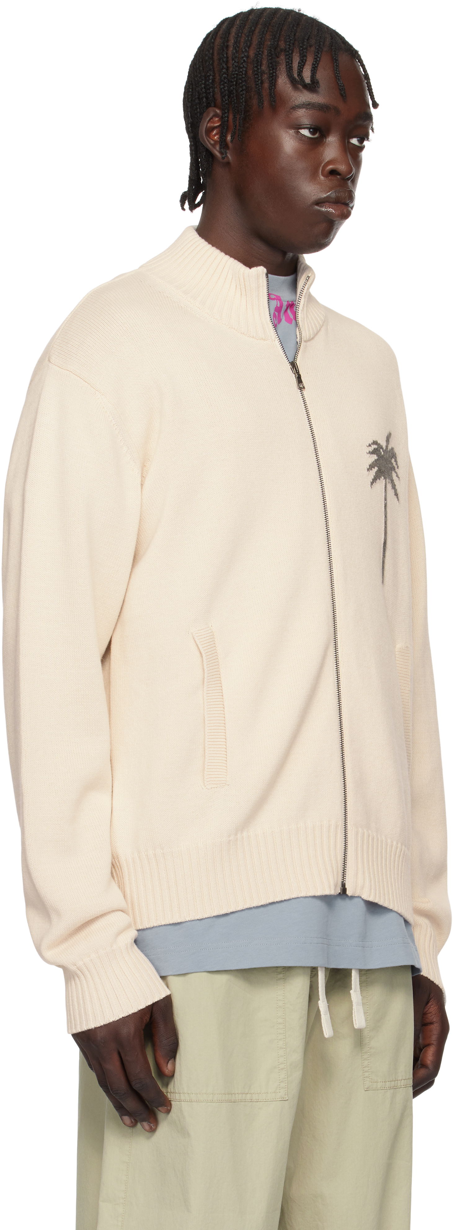 Bunda Palm Angels Knit Track Jacket With Palms Embroidery Béžová | PMHA061S25KNI0010308, 1