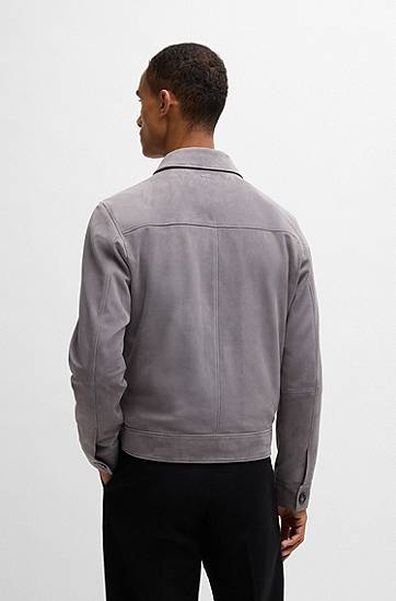 Bunda BOSS Regular-Fit Suede Zip-Front Jacket Šedá | 50528014, 1