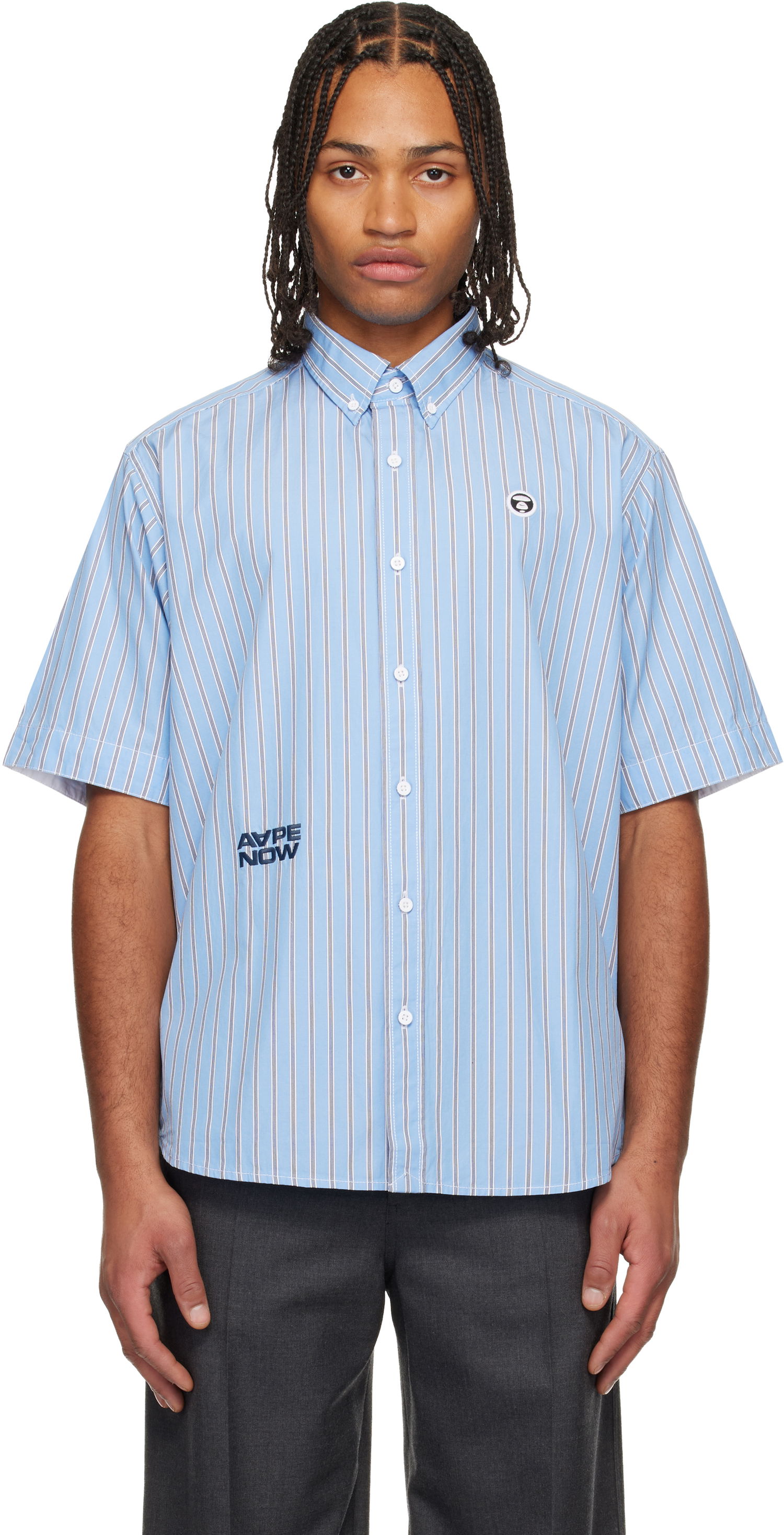 Košeľa AAPE by A Bathing Ape 'AAPENOW' Moonface Logo Stripe Shirt Modrá | AAPSRM8518XBNBLA, 0