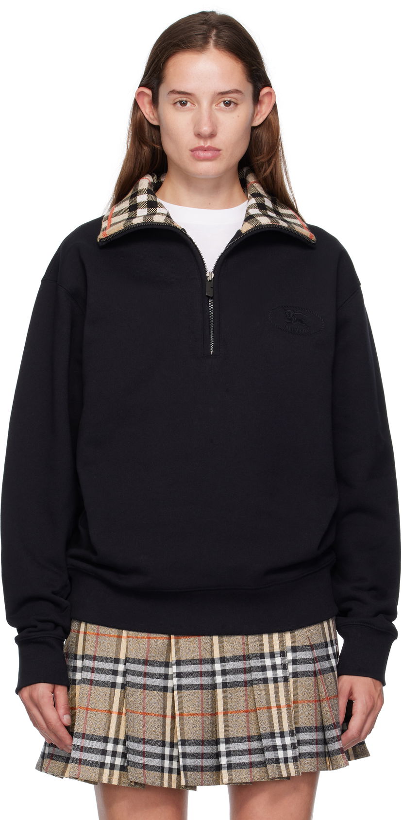 Mikina Burberry Burberry Check Collar Quarter-Zip Sweatshirt Čierna | 8109063