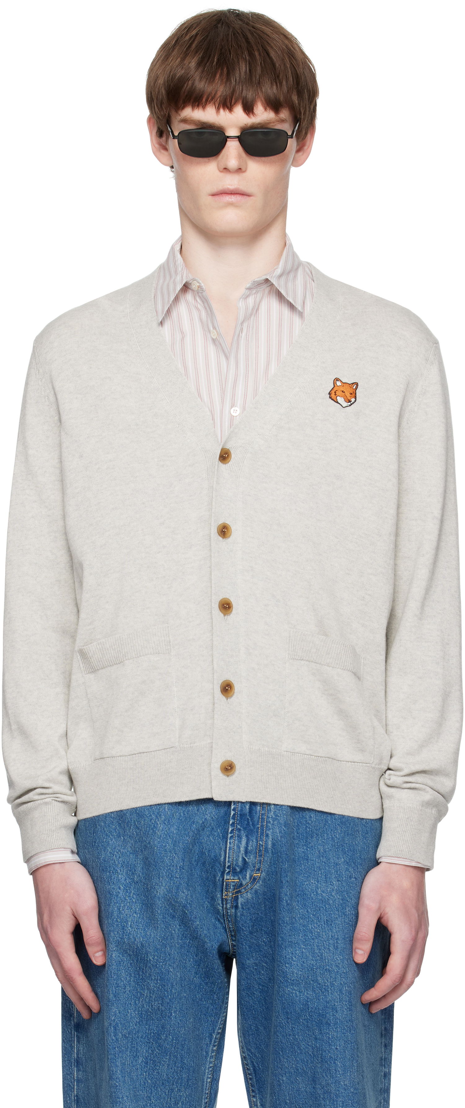 Sveter MAISON KITSUNÉ Maison Kitsuné Fox Head Patch Cardigan Šedá | PM00501KT1181, 0