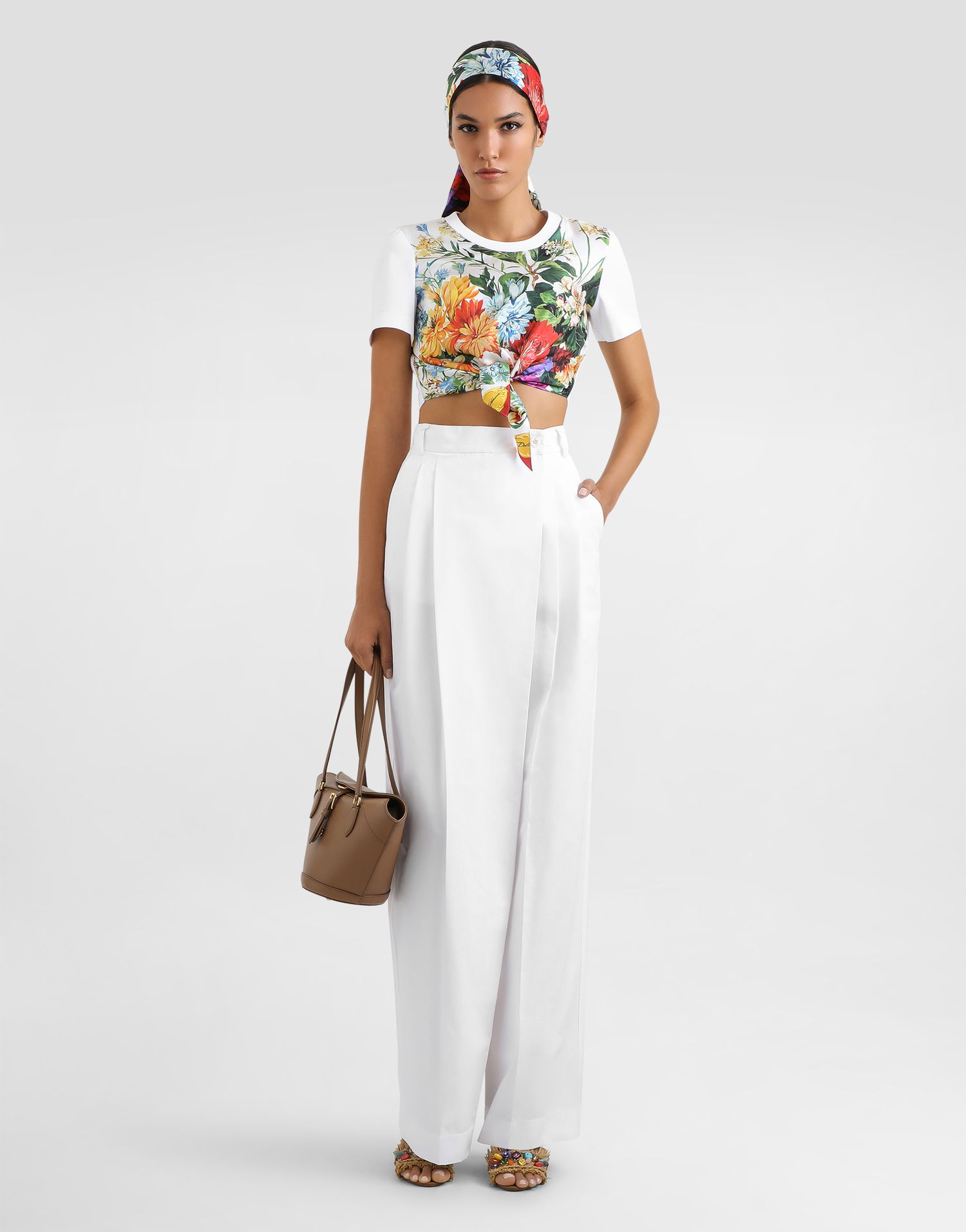 Crop Top Dolce & Gabbana Dolce & Gabbana Floral Tie-Front Crop T-Shirt Biela | F8V75ZGDDCHW0800, 1