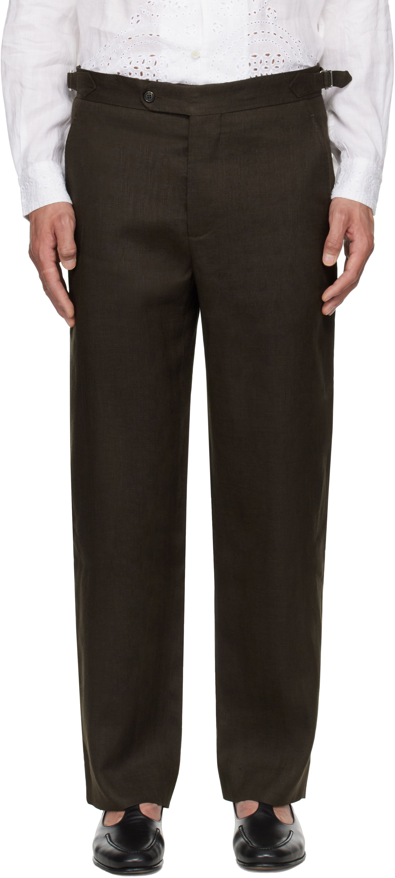 Nohavice Bode Bode Lightweight Linen Side-Buckle Trousers Hnedá | MRS25BT072, 0