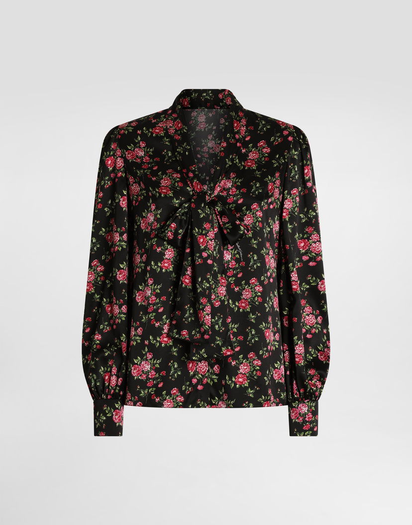 Košeľa Dolce & Gabbana Dolce & Gabbana Small Rose Bouquet-print Satin Pussy-bow Shirt Čierna | F5T17TFSA8GHN5XP