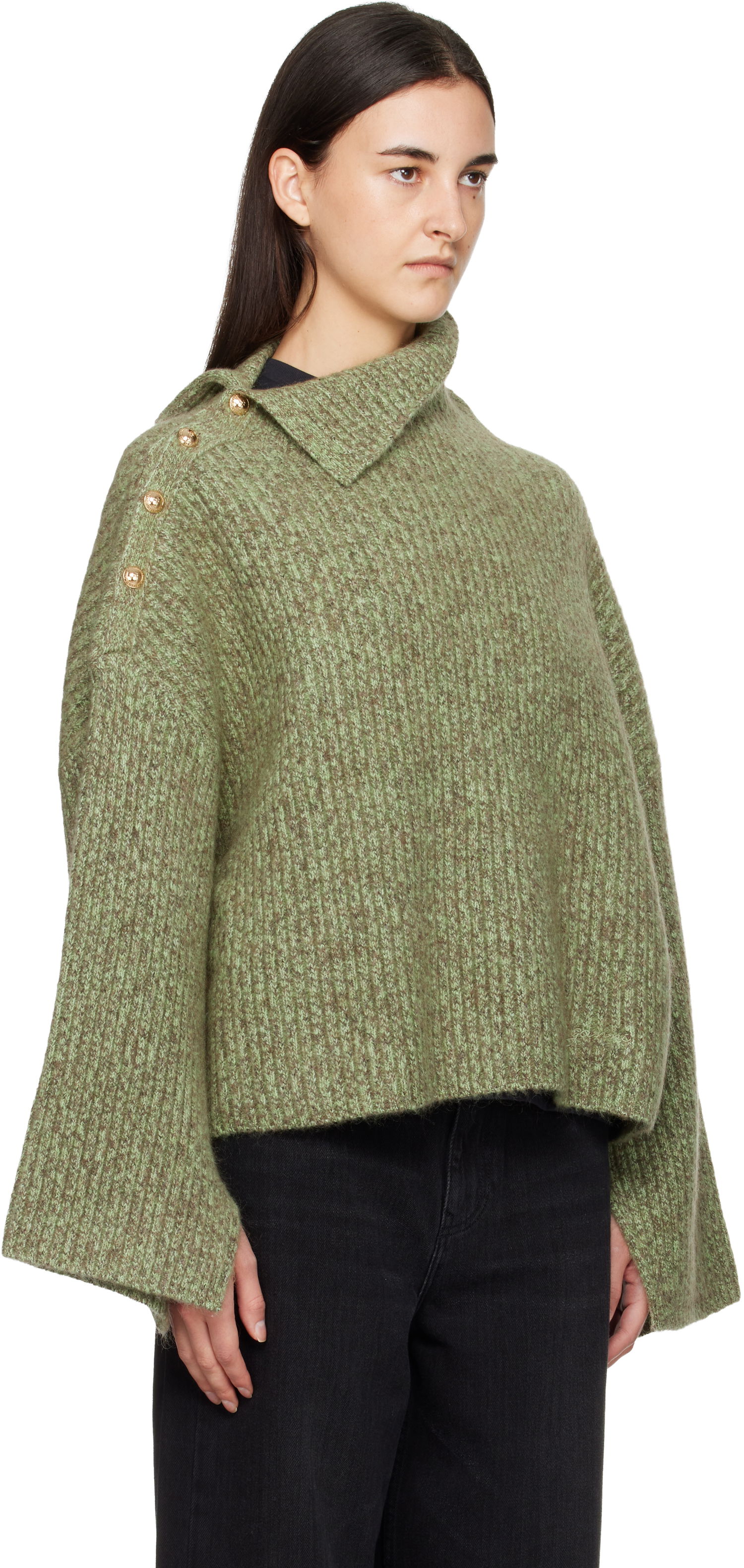 Sveter GANNI Mohair Rib Knit Sweater with Asymmetric Collar and Shoulder Buttons Zelené | K2556, 1