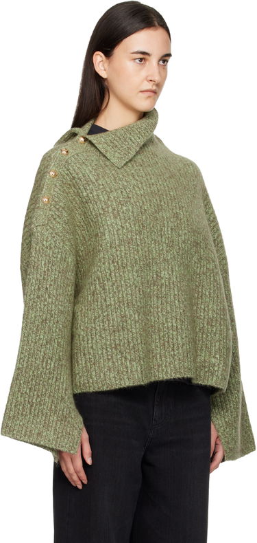Sveter GANNI Mohair Rib Knit Sweater with Asymmetric Collar and Shoulder Buttons Zelené | K2556, 1