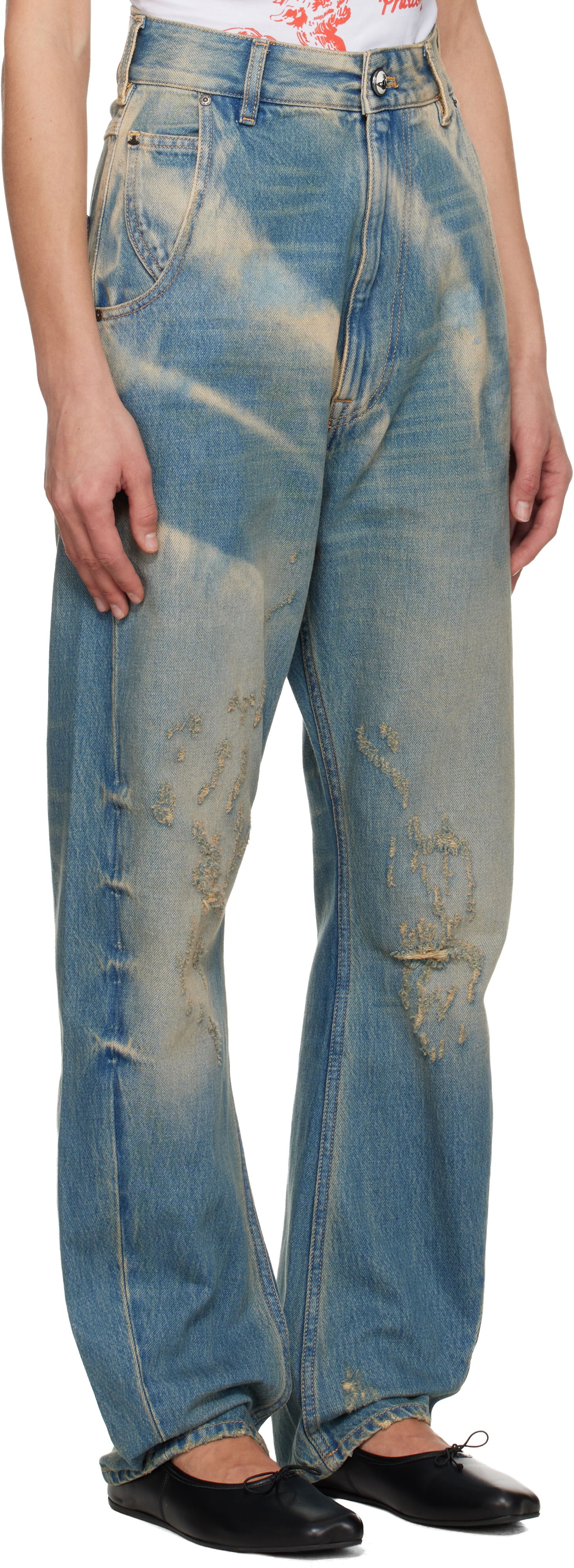 Džínsy Vivienne Westwood Washed Distressed Buckle Back Jeans Modrá | 39020012-W018A-, 1