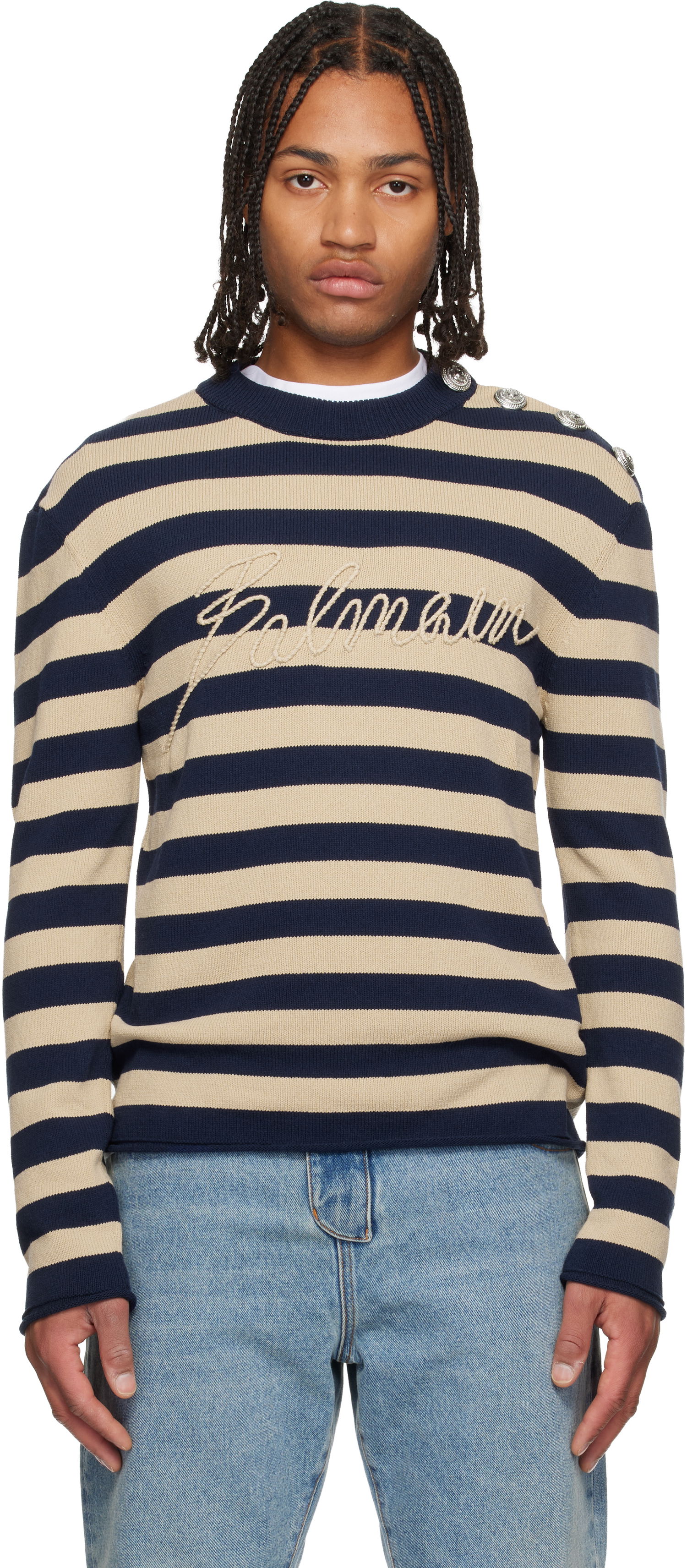 Sveter Balmain Balmain 'Balmain' Logo Striped Button-Shoulder Sweater Rôznofarebný | FH1KD165KI82, 0