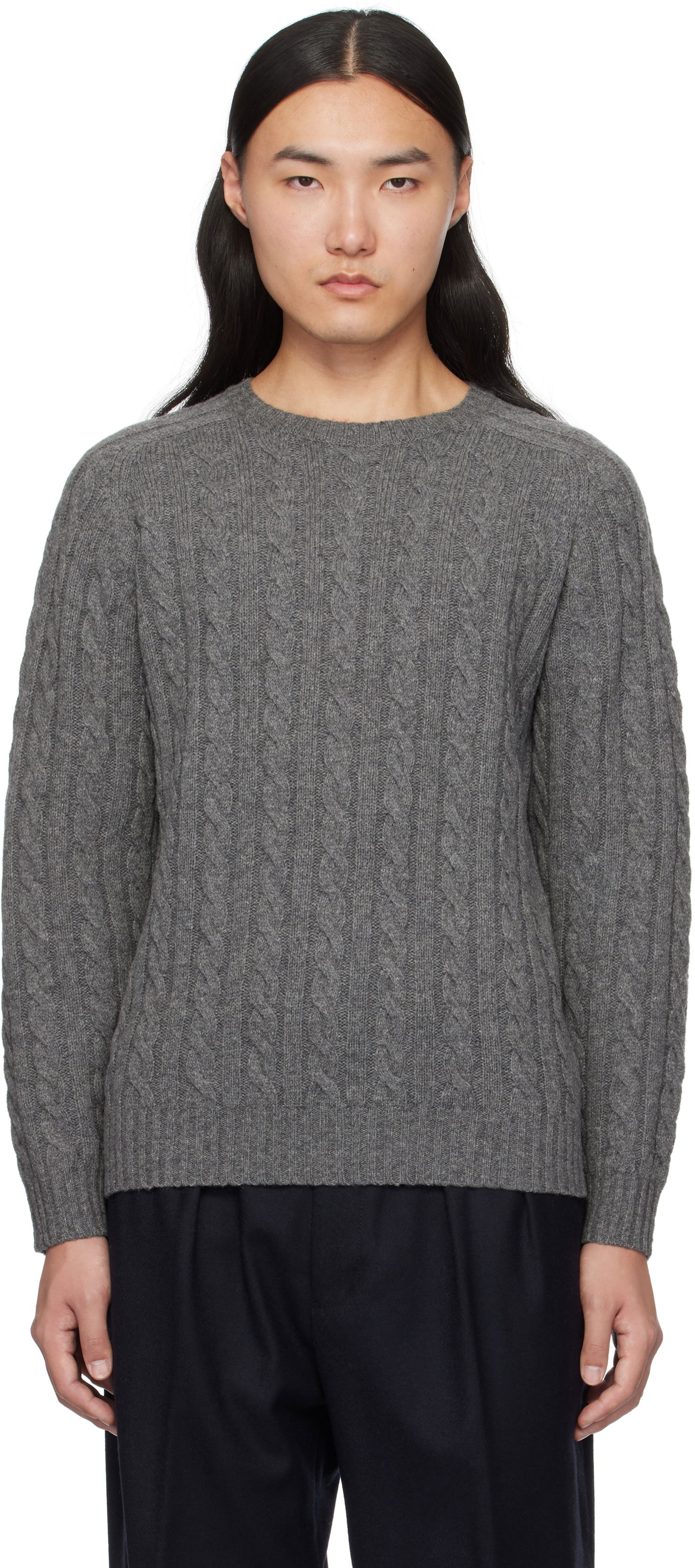 Sveter BEAMS BEAMS PLUS Cable Knit Crewneck Sweater Šedá | 38150198048, 0