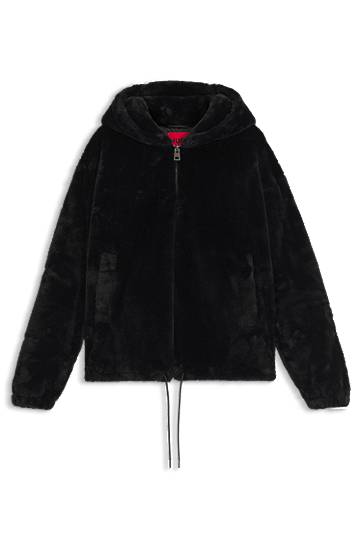 Bunda BOSS Faux-fur hooded jacket with embroidered logo Čierna | 50546237, 0