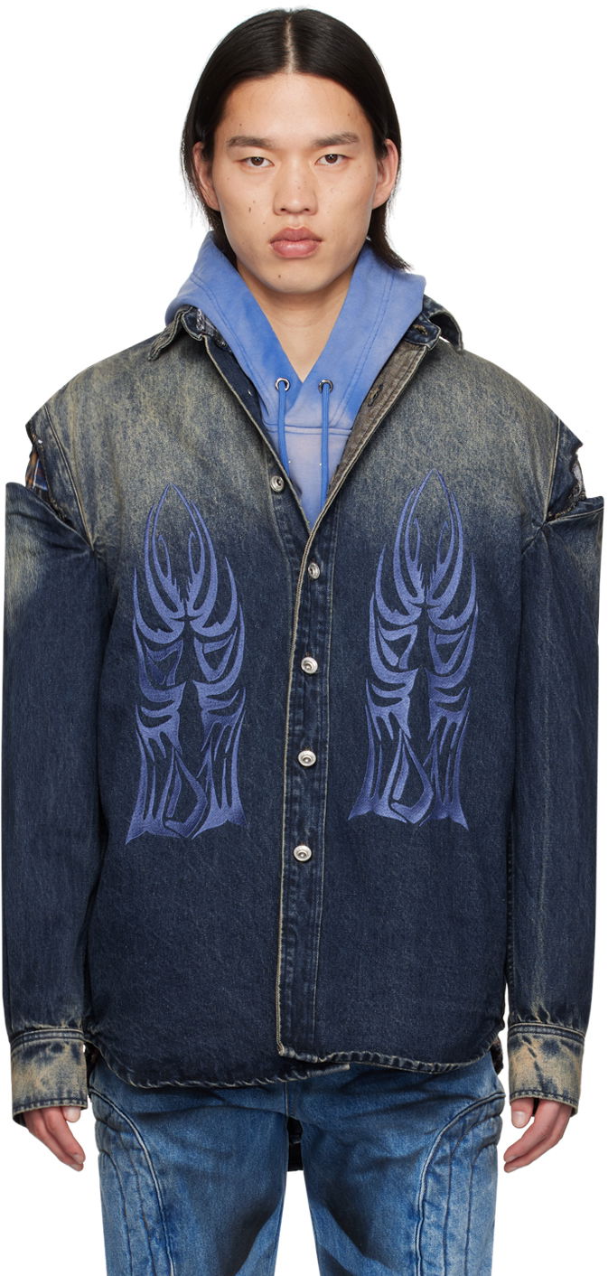 Košeľa Who Decides War Gradient Denim Shirt with Tribal Embroidery and Cut-Out Shoulders Modrá | 1110240010SS24