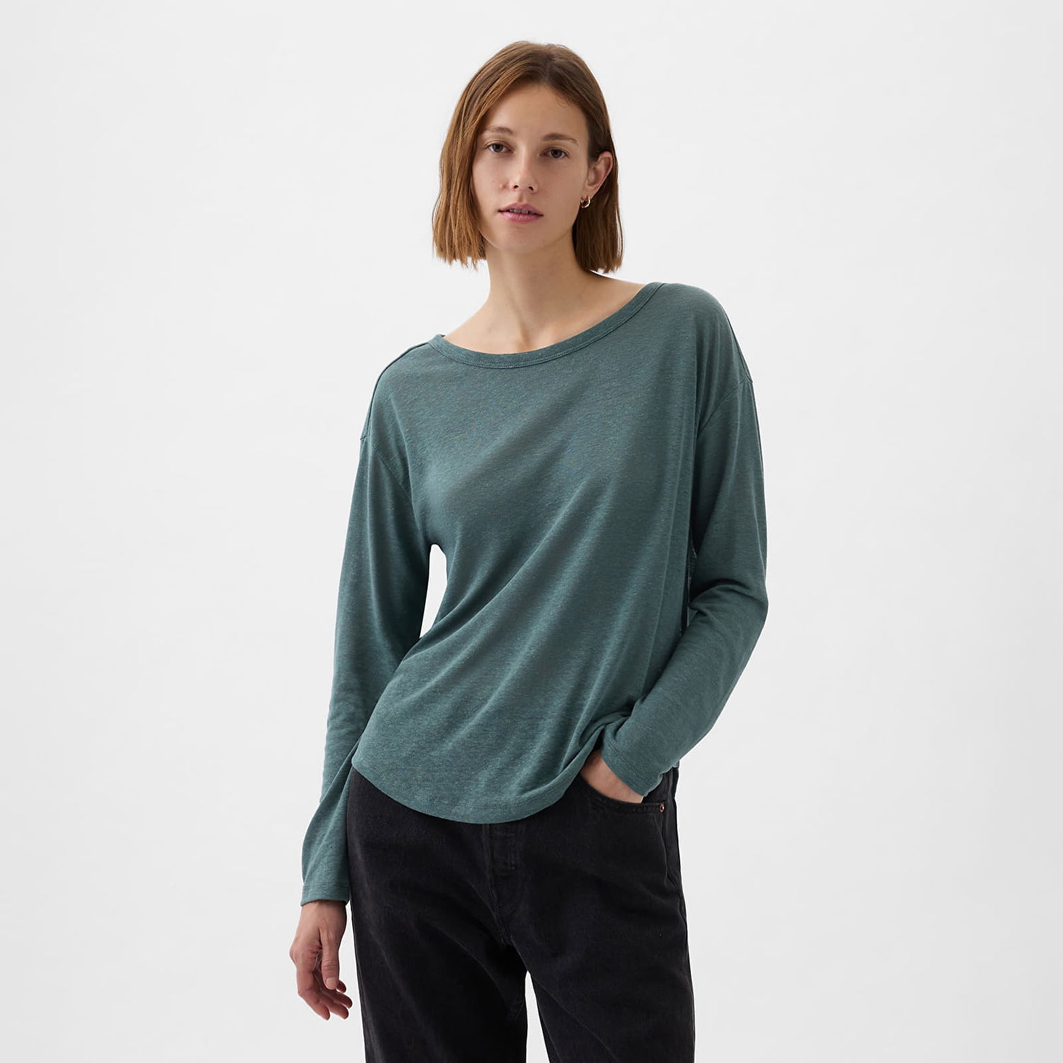Tričko GAP Top Longsleeve Linen Blend Boatneck Top Laurel Wreath Zelené | 878218-04, 0