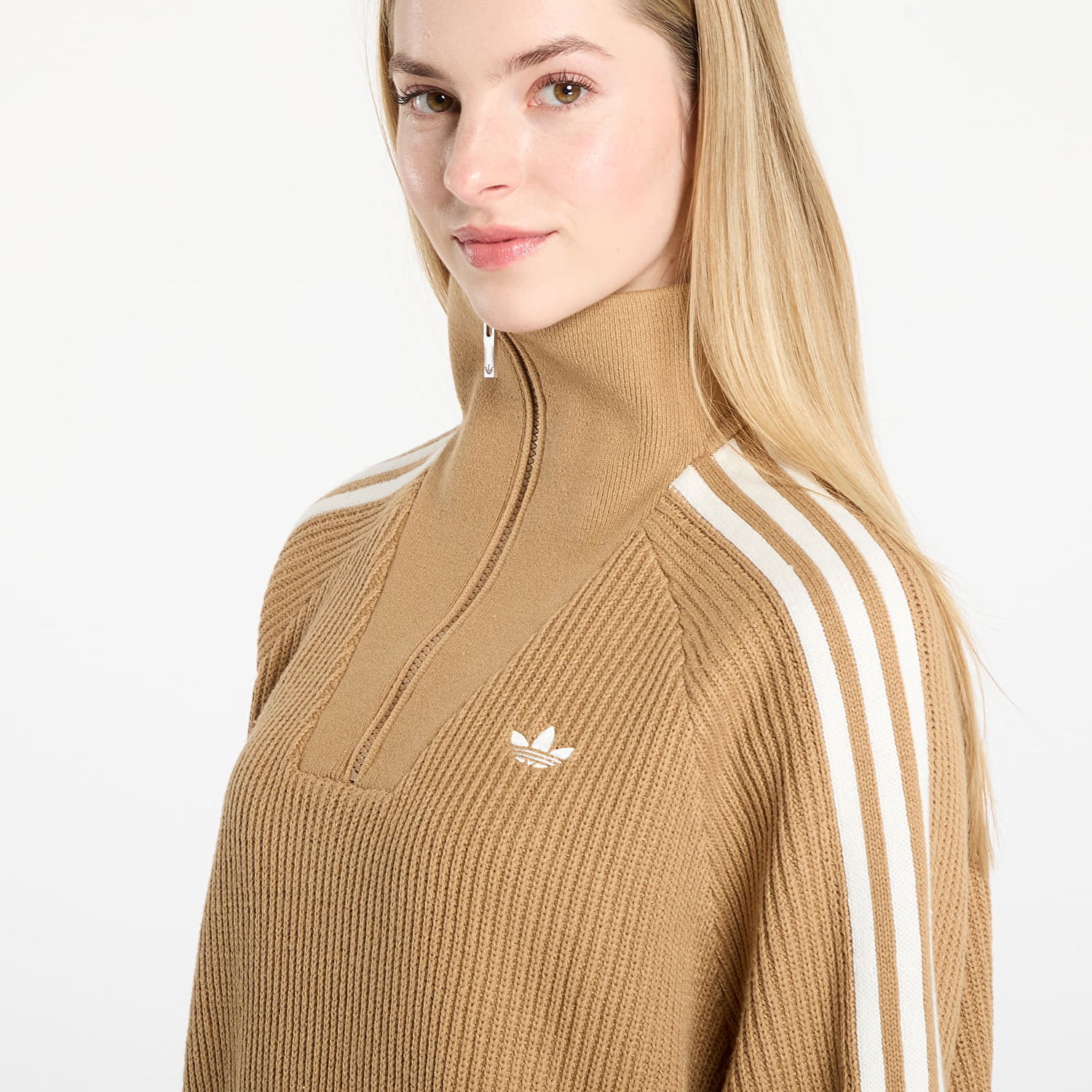 Sveter adidas Originals Ribbed Funnel Neck Quarter Zip Sweater Béžová | KS7787, 1