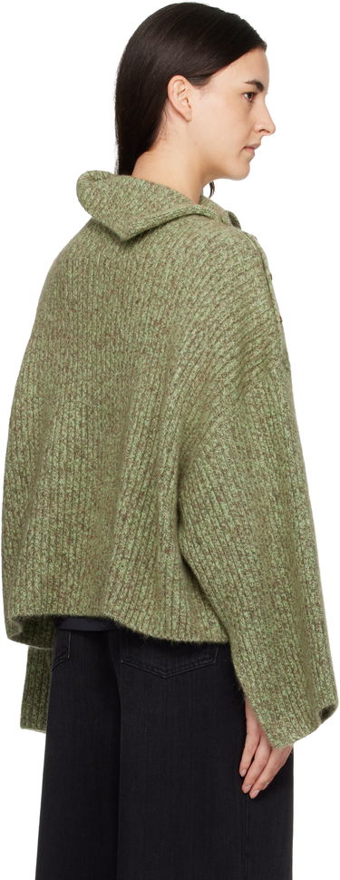 Sveter GANNI Mohair Rib Knit Sweater with Asymmetric Collar and Shoulder Buttons Zelené | K2556, 2