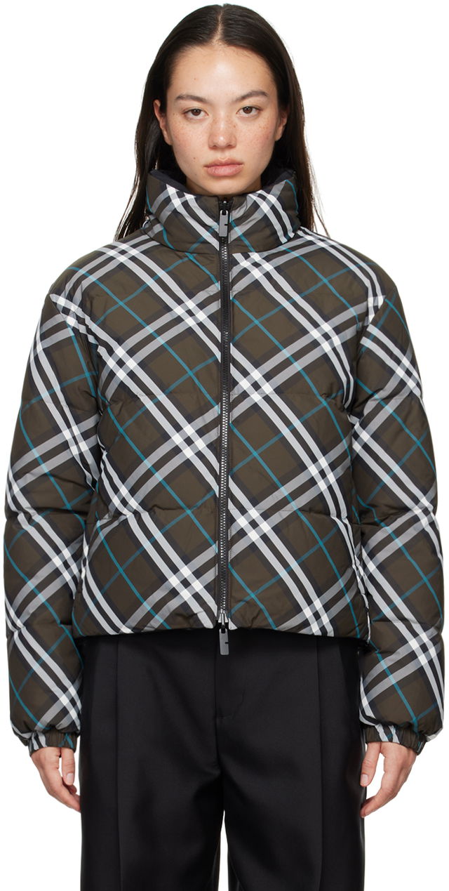 Khaki Check Reversible Down Puffer Jacket