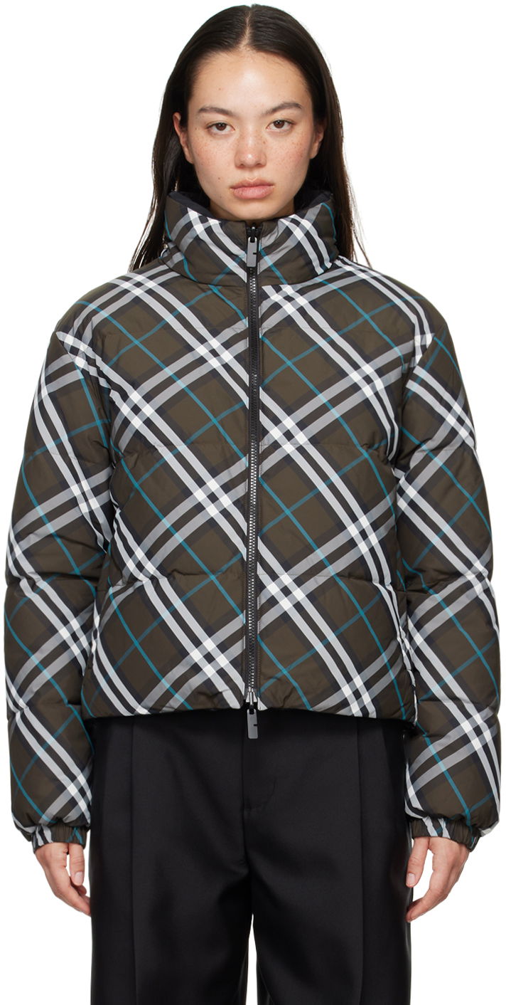 Prešívaná bunda Burberry Khaki Check Reversible Down Puffer Jacket Zelené | 8096131