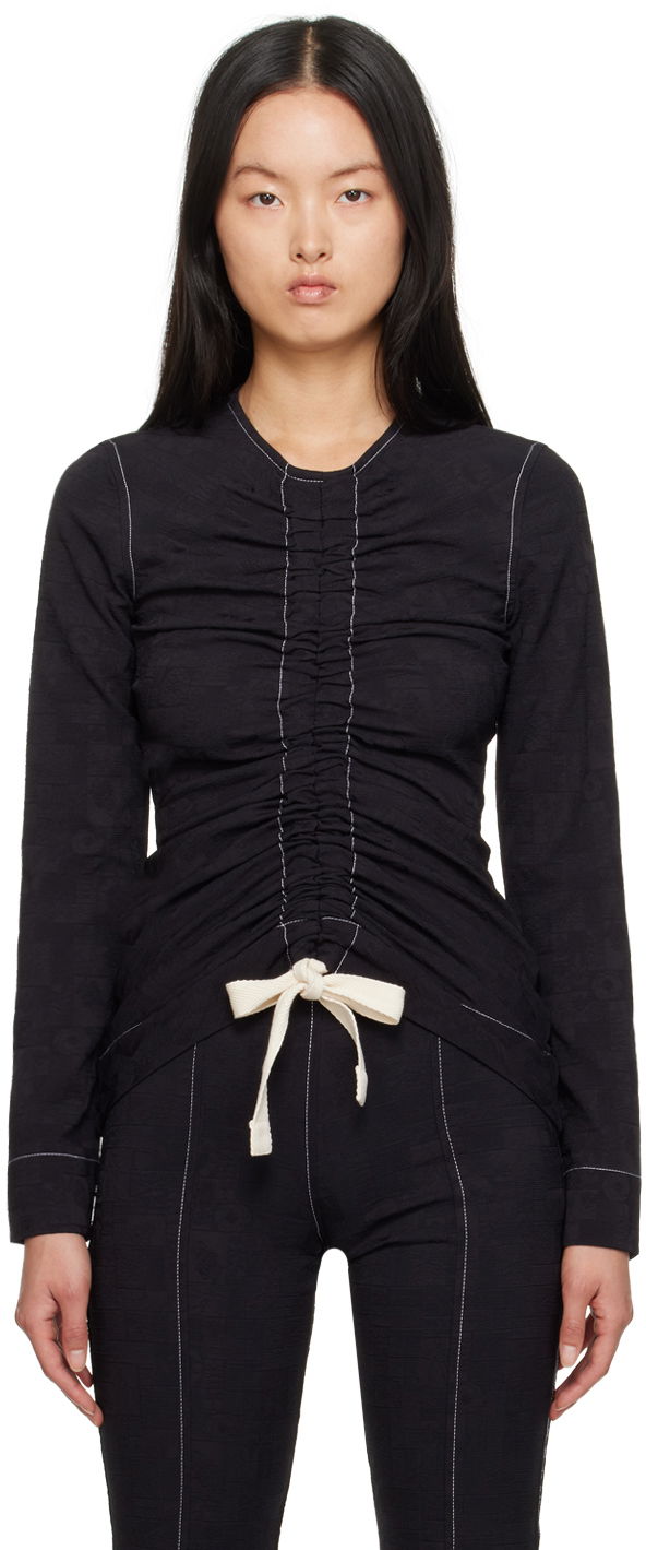 Košeľa GANNI GANNI Drawstring Long Sleeve Blouse Čierna | F7369