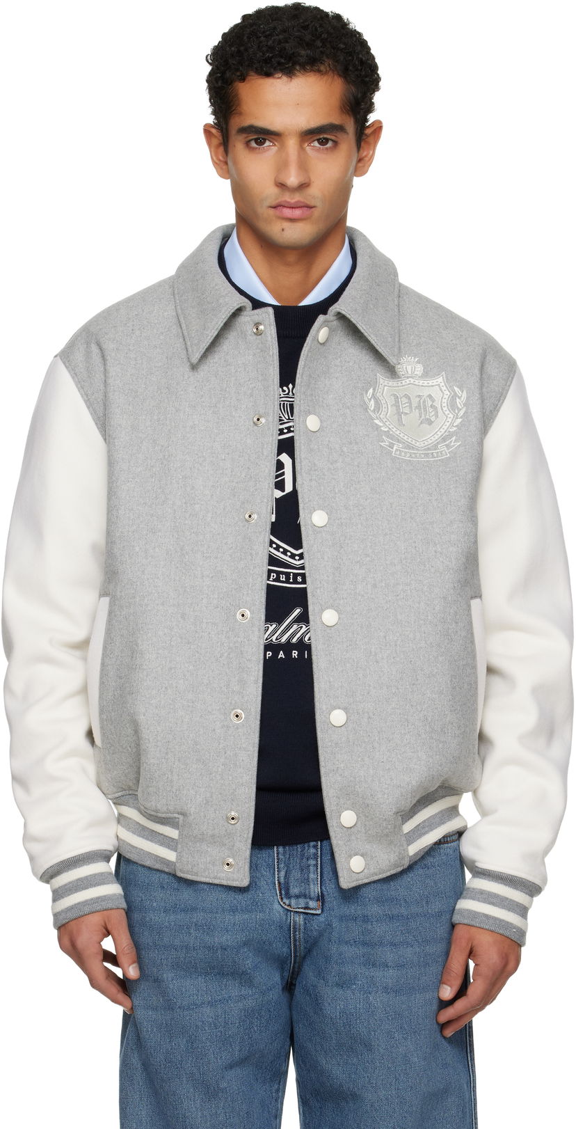 Bomber bunda Balmain Wool Varsity Bomber Jacket Biela | FH0TFA71MH95