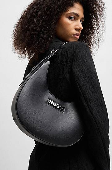 Taška cez rameno BOSS HUGO Faux-Leather Hobo Bag with Metallic Logo Čierna | 50541808, 1
