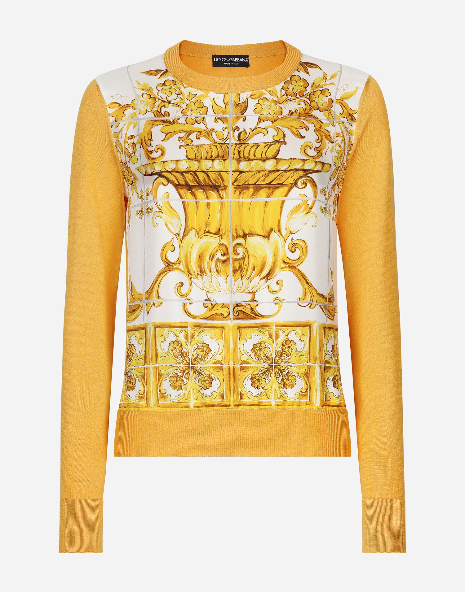Sveter Dolce & Gabbana Silk Sweater With Majolica-print Silk Twill Panel Žltá | FXX31TJBSJFHG3TN, 0