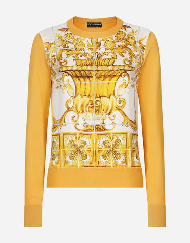 Sveter Dolce & Gabbana Silk Sweater With Majolica-print Silk Twill Panel Žltá | FXX31TJBSJFHG3TN, 0