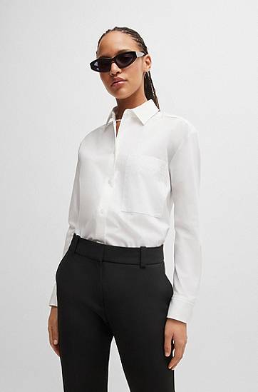 Košeľa BOSS Oversized-Fit Cotton Canvas Blouse with Embroidered Logo Biela | 50515741, 1