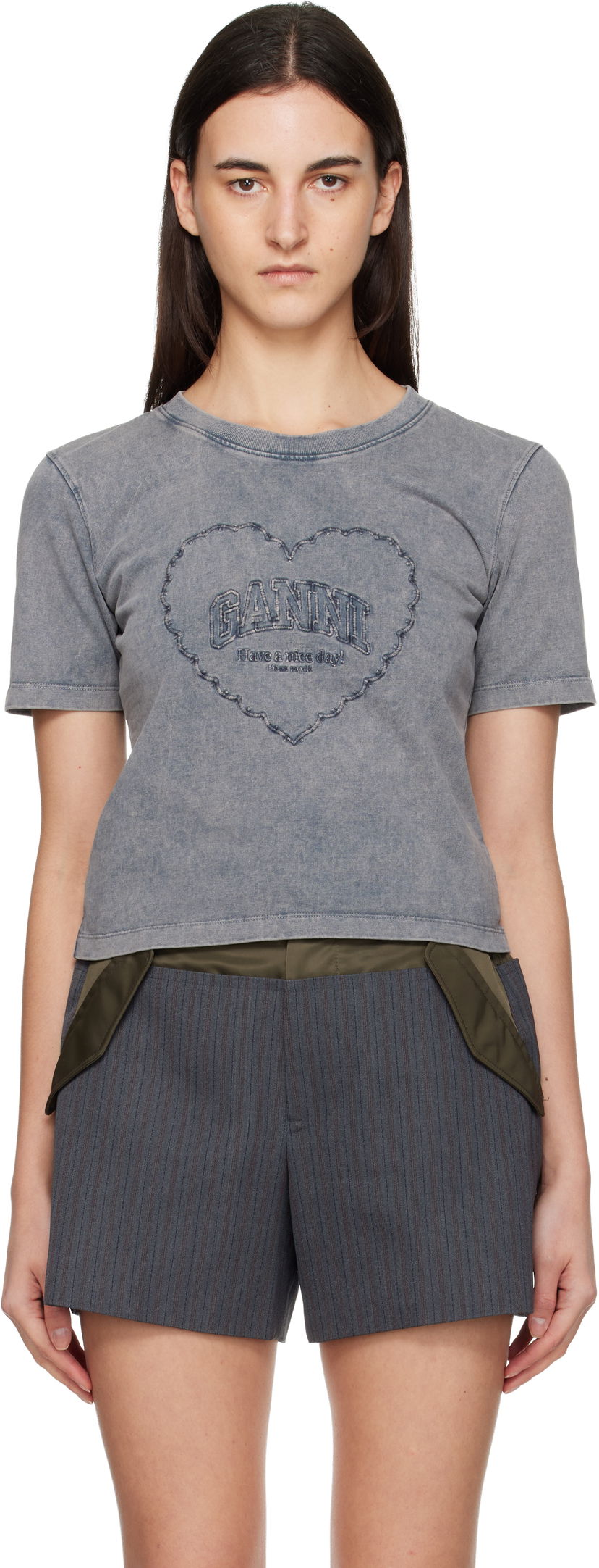 Crop Top GANNI Washed Heart Cropped T-shirt Šedá | T4254