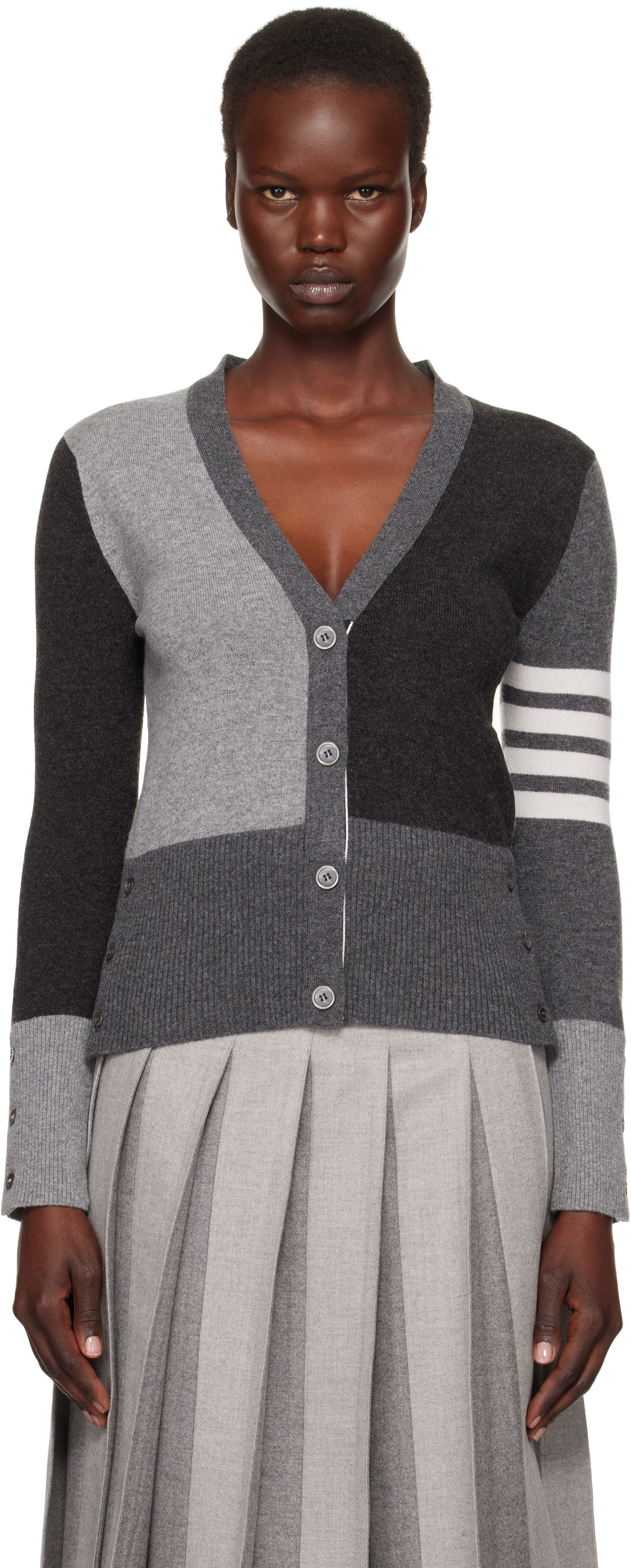Sveter Thom Browne Funmix 4-Bar V-Neck Cardigan Šedá | FKC001F-00011, 0