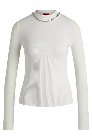 Sveter BOSS Ribbed Mock Neck Sweater with Chain Collar Biela | 50532166, 0