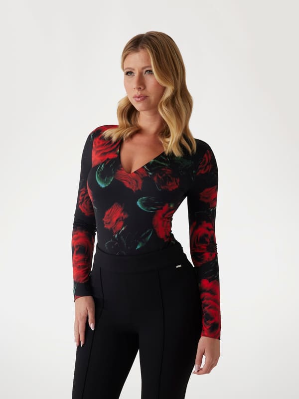 Body GUESS Floral Print V Neck Bodysuit Červená | W5RP26KCMI2, 0