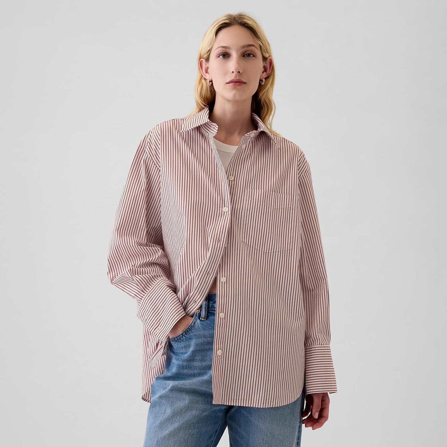 Košeľa GAP Shirt Cuff Big Shirt Red Pink Stripe S Béžová | 519040-01, 0