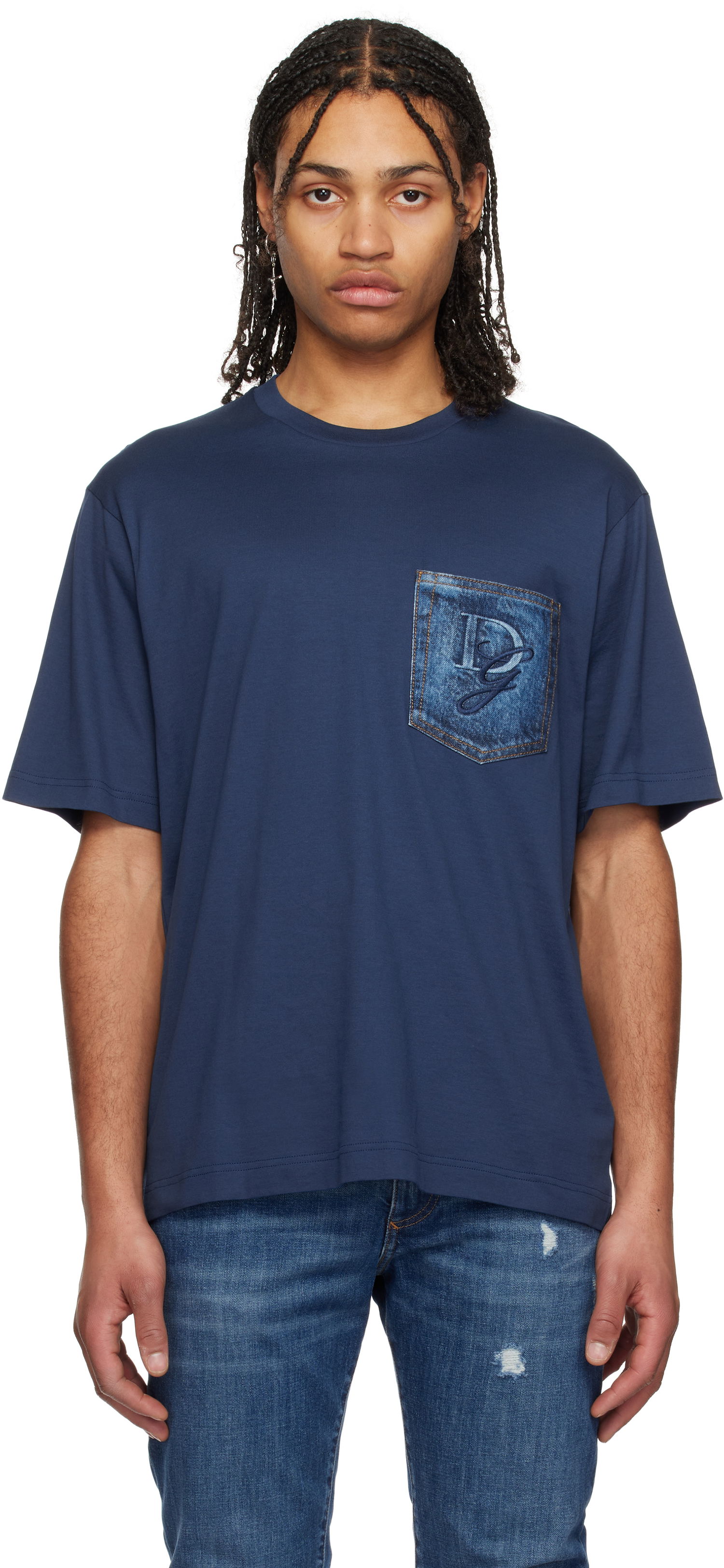 Tričko Dolce & Gabbana Dolce&Gabbana Cotton T-Shirt with Denim Pocket and Logo Embroidery Modrá | G8PN9ZG7O4J, 0