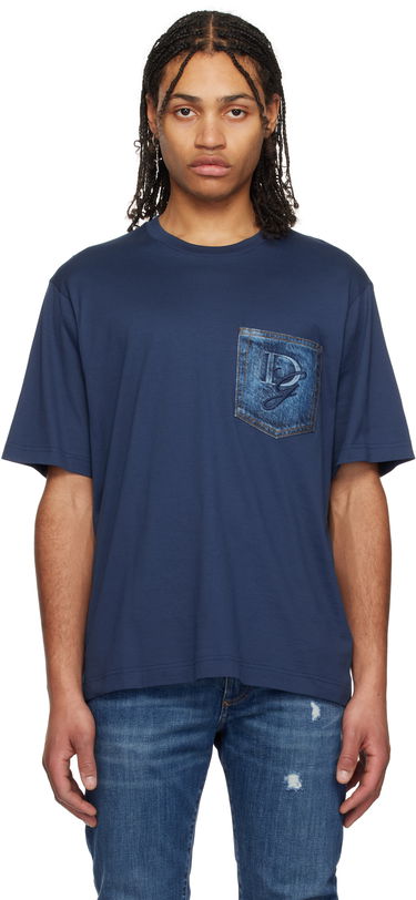 Tričko Dolce & Gabbana Dolce&Gabbana Cotton T-Shirt with Denim Pocket and Logo Embroidery Modrá | G8PN9ZG7O4J, 0