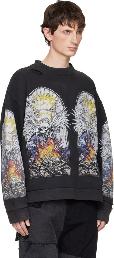Mikina Who Decides War Distressed Stained Glass Winged Skull Flame Pullover Sweatshirt Čierna | 1110580002FW25, 1