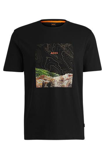 Tričko BOSS BOSS Cotton-Jersey Tee with Topographic Landscape Print Čierna | 50522902, 0