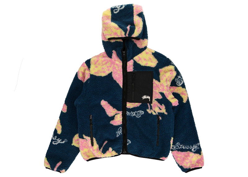 Mikina Stüssy Floral Sherpa Hooded Jacket Modrá | 118482-Dark Teal