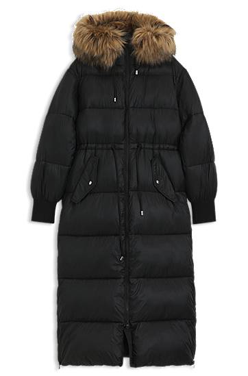 Prešívaná bunda BOSS Long Water-Repellent Puffer Parka with Detachable Faux Fur Hood Trim and Sleeves Čierna | 50547222