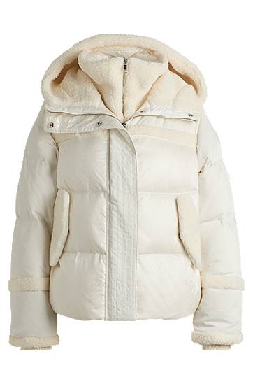 Prešívaná bunda BOSS Water-Repellent Puffer Jacket with Teddy Trim Biela | 50524479, 0