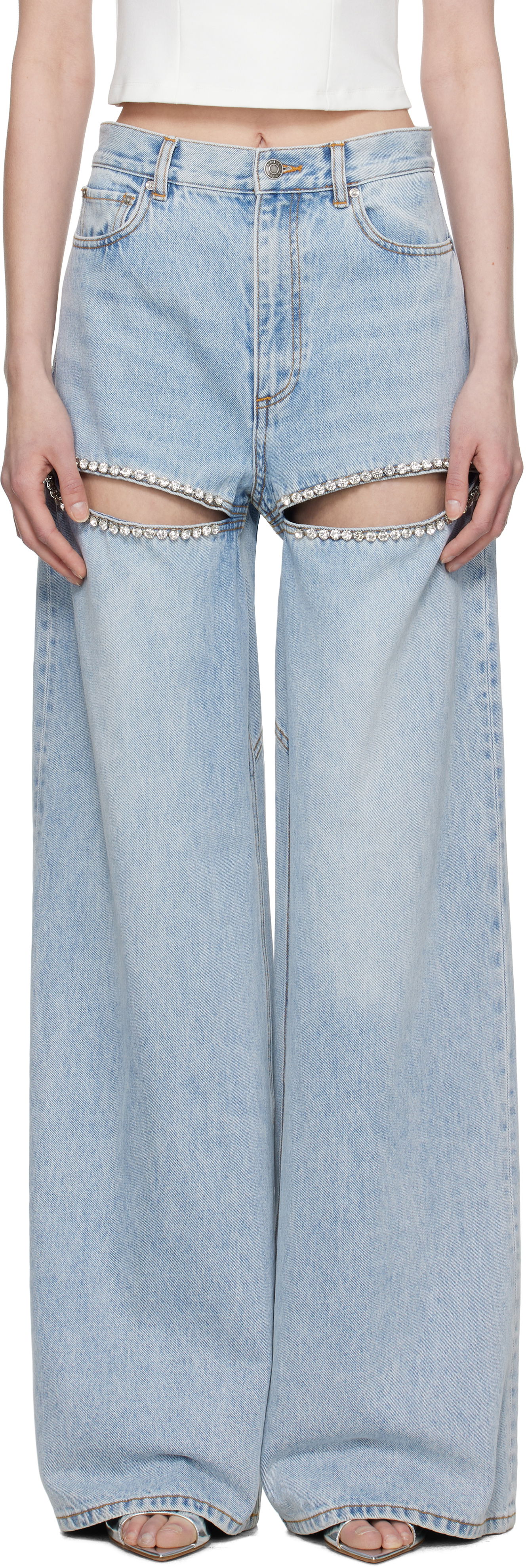 AREA Wide Leg Crystal Slit Jeans