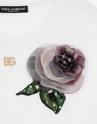 Tričko Dolce & Gabbana Cropped Jersey T-shirt With Flower Appliqué Biela | F8U99ZGDCB1W0800, 3