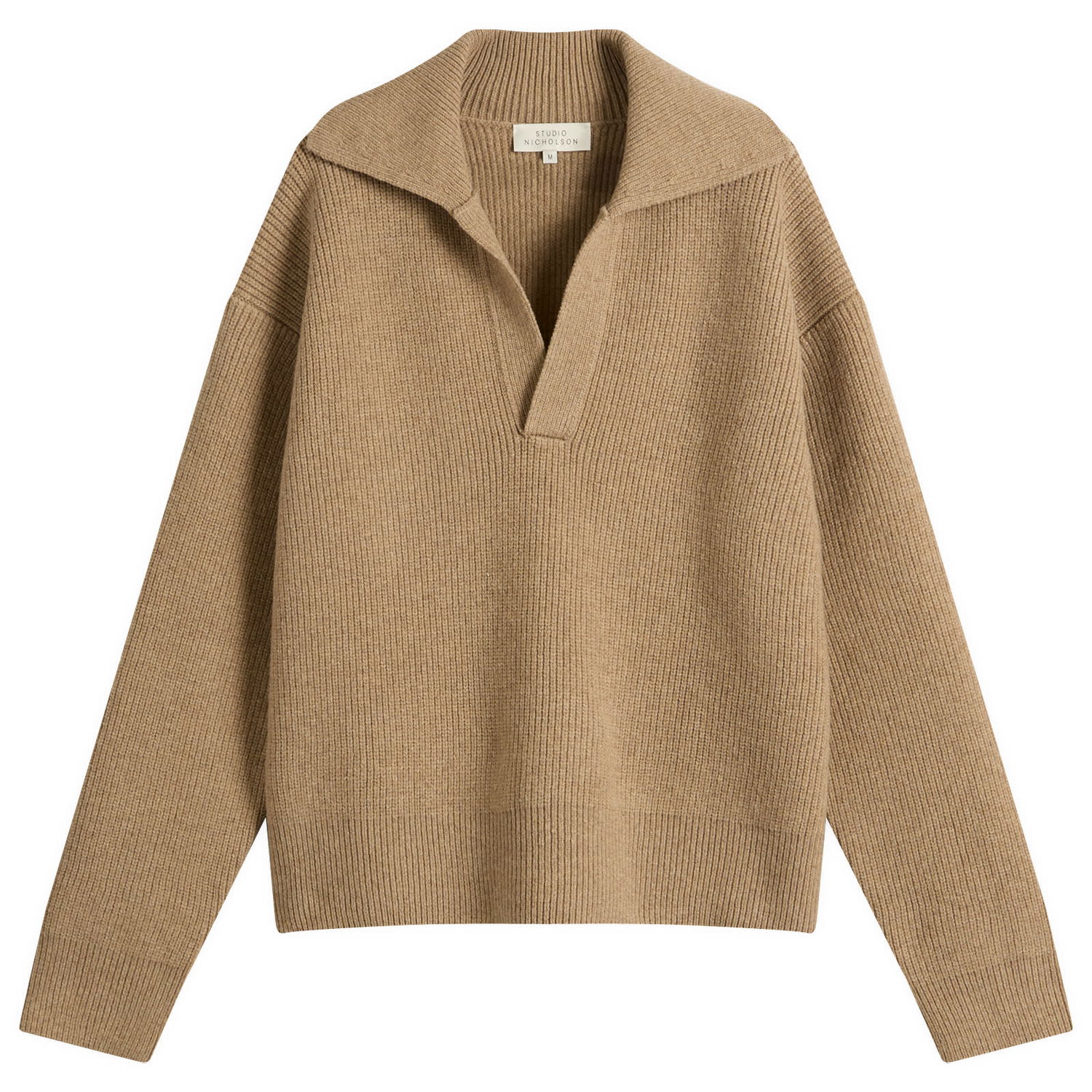 Sveter Studio Nicholson Studio Nicholson Rib Polo Collar Jumper, Size Large Béžová | NASHSNM-1295-OAT, 1