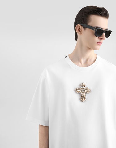 Tričko Dolce & Gabbana Cotton T-shirt With Embellished Cross Patch Biela | G8PB8ZG7O4HW0800, 3