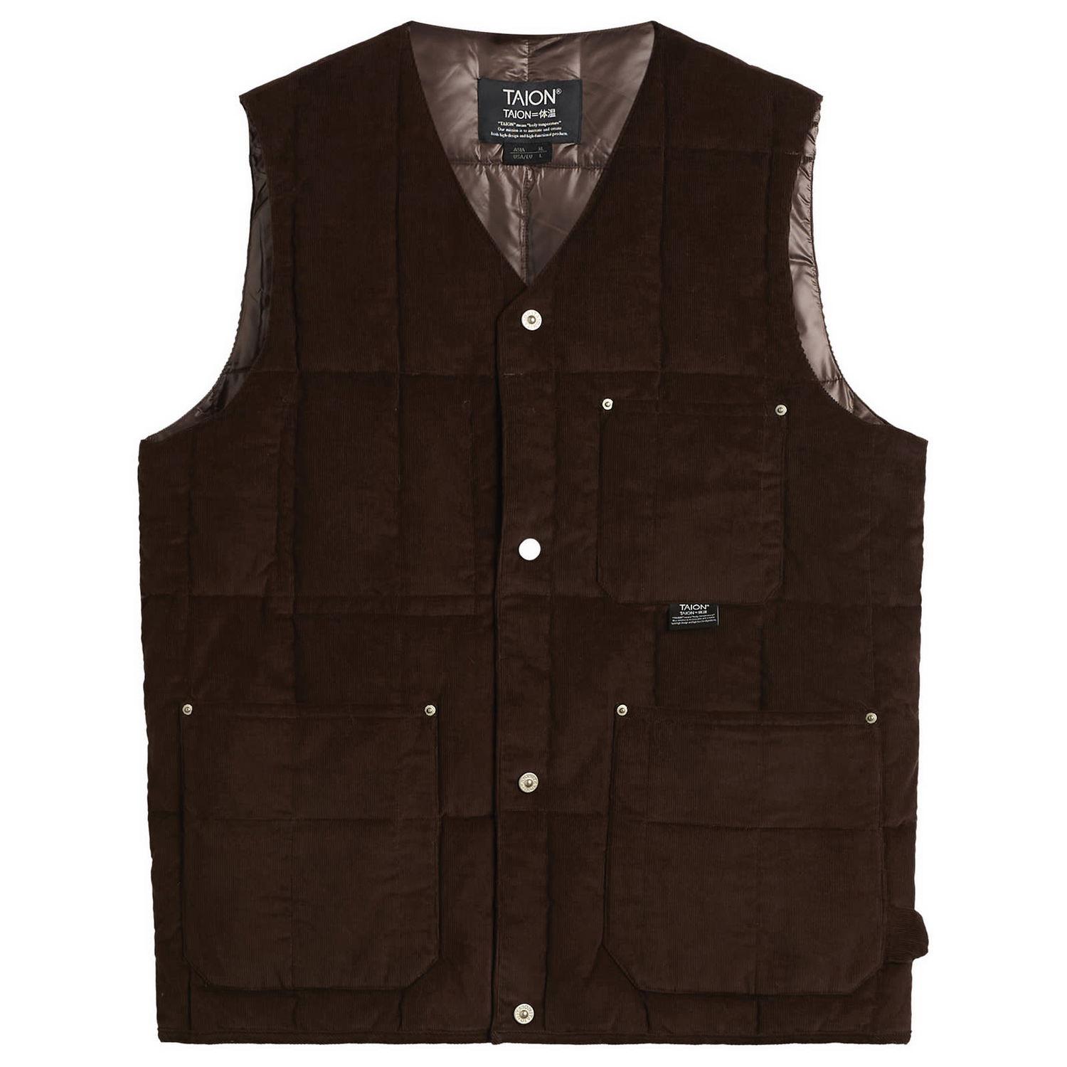 Vesta TAION Quilted Corduroy V-Neck Button-Down Work Vest Hnedá | TAION-001BWK-DKBR, 0