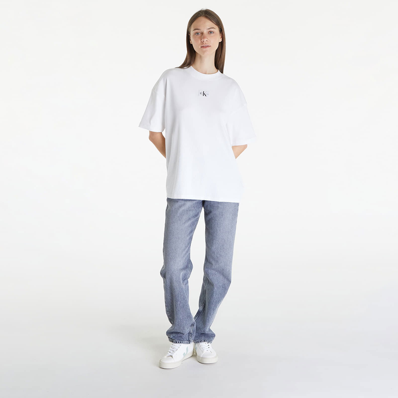 Jeans Woven Label Rib Short Sleeve Tee White