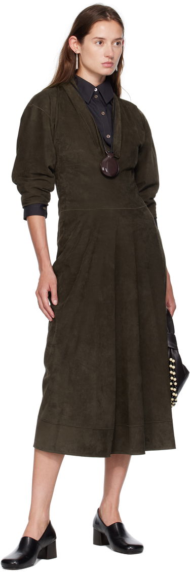 Šaty LEMAIRE Lemaire V-Neck Nubuck Midi Dress Zelené | DR1122 LL0148, 3