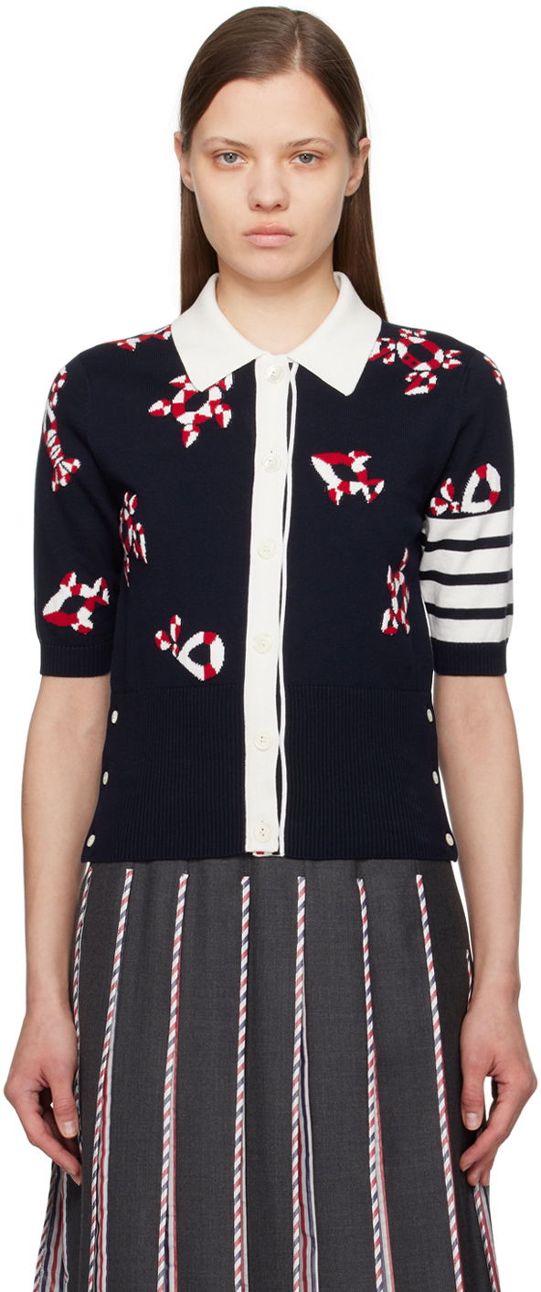 Sveter Thom Browne Thom Browne Gem Icons Knitted Cardigan Navy | FKC567A-Y3007, 0