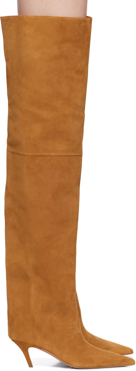 Šaty Amina Muaddi Amina Muaddi Fiona Thigh-High Suede Boots Hnedá | FIONA THIGH BENDED HEEL SUEDE