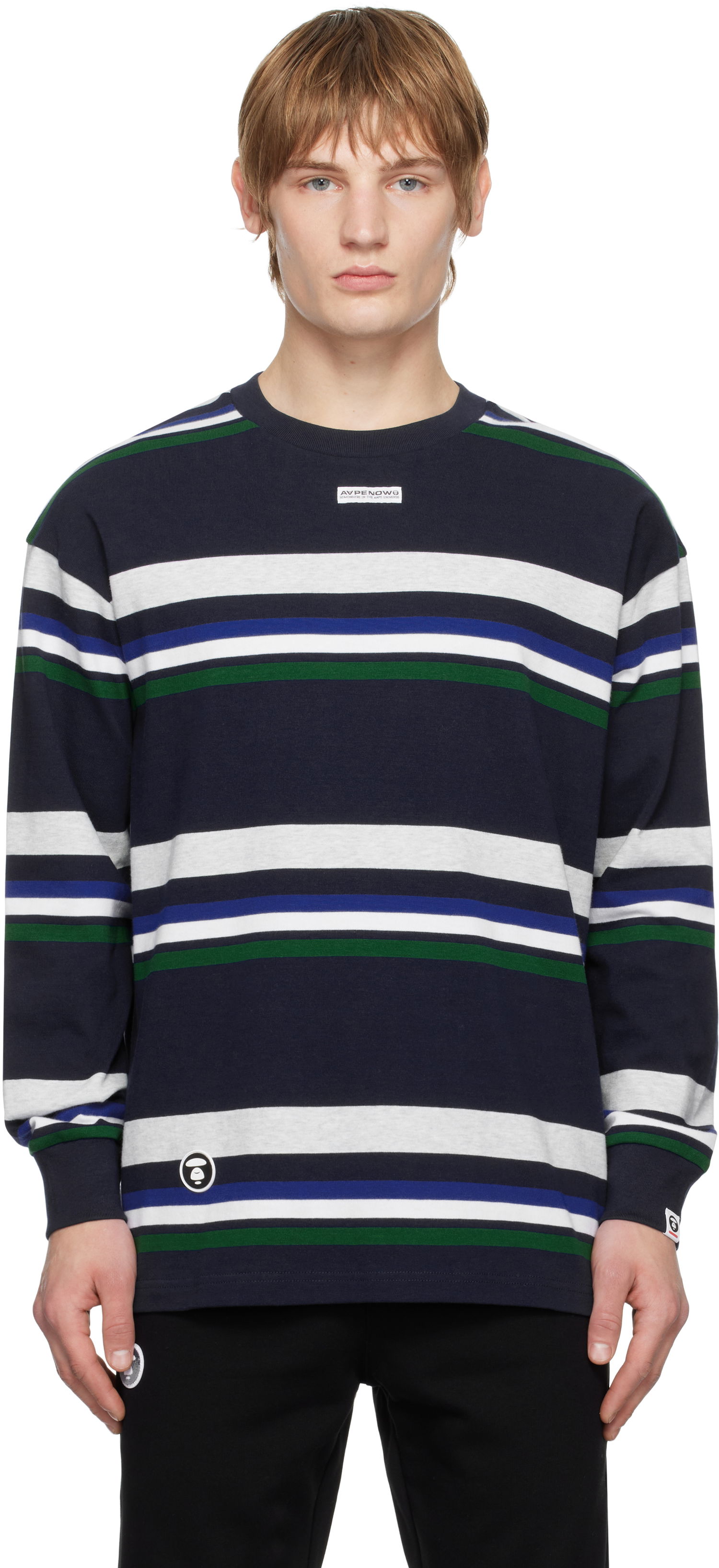 Sveter AAPE by A Bathing Ape AAPE by A Bathing Ape 'AAPE NOW' Striped Long Sleeve T-Shirt Navy | AAPLTM1542XXNNYX, 0