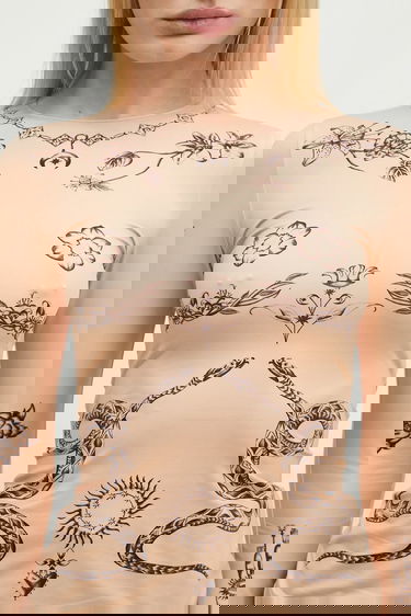 Tričko Marine Serre Marine Serre Tattoo Printed Jersey Second Skin Crewneck Top Béžová | WTS006A.CJER0059, 3